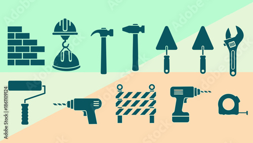 Collection of construction tools and equipment icons.