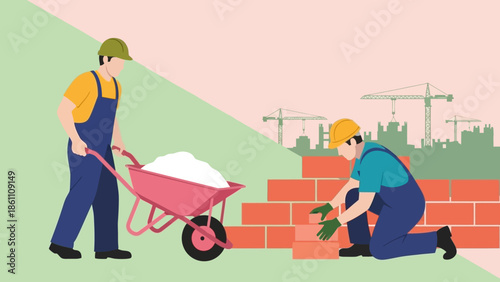 Two construction workers building a brick wall together.