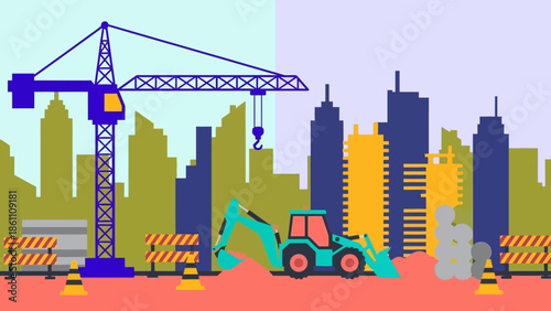 Construction site with crane and excavator in urban landscape.