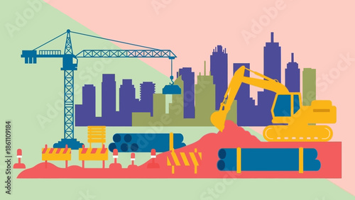 Construction site with crane and excavator in urban landscape.