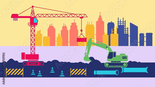 Construction Site with Crane and Excavator in City.