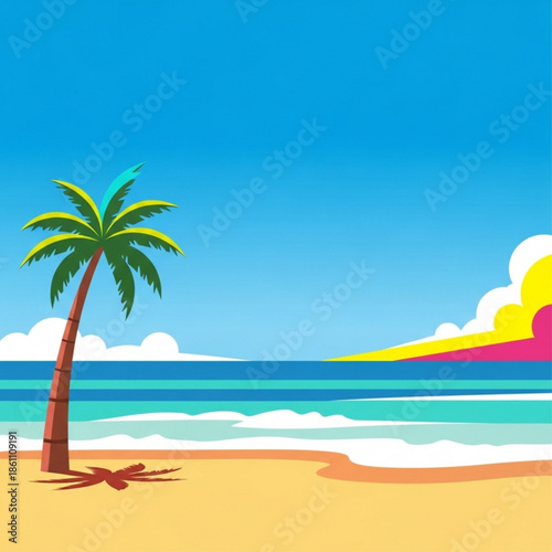 Vibrant retro beach scene with a palm tree, turquoise ocean waves, and a colorful sunset — tropical paradise, summer vacation, 80s style vector illustration