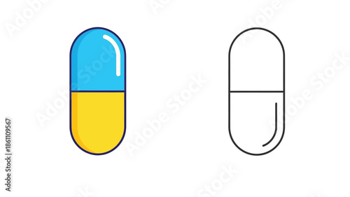 Colorful and outline design icons representing a pharmaceutical capsule shown side by side for medical comparison or contrasting visual concepts in health and wellness.