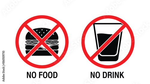 Clear black and white graphic symbol indicating a strict prohibition against consuming any type of food or beverage in this designated area for cleanliness and safety maintenance purposes