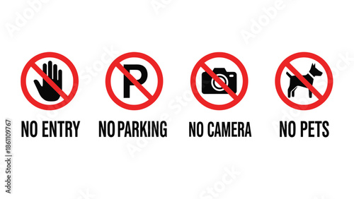 A collection of four universal prohibitory symbols including no entry no parking no camera and no pets restrictions clearly displayed for public guidance and safety awareness