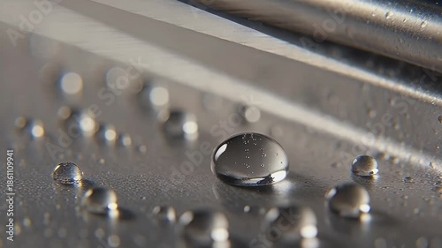 Water droplets on metallic surface with reflective light