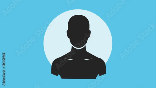 Silhouette of a person in a circle against a blue background.