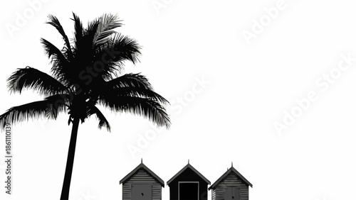 Silhouette of a palm tree and beach huts against a white background.