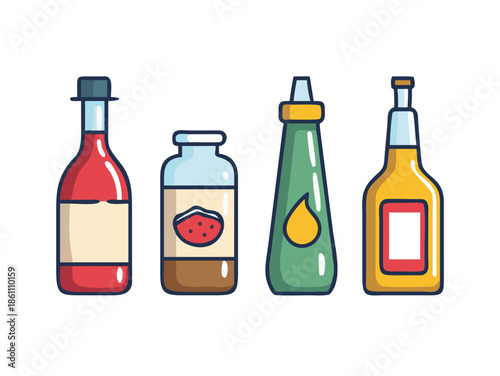Kitchen Cooking Oil and Sauce Bottle Line Icons