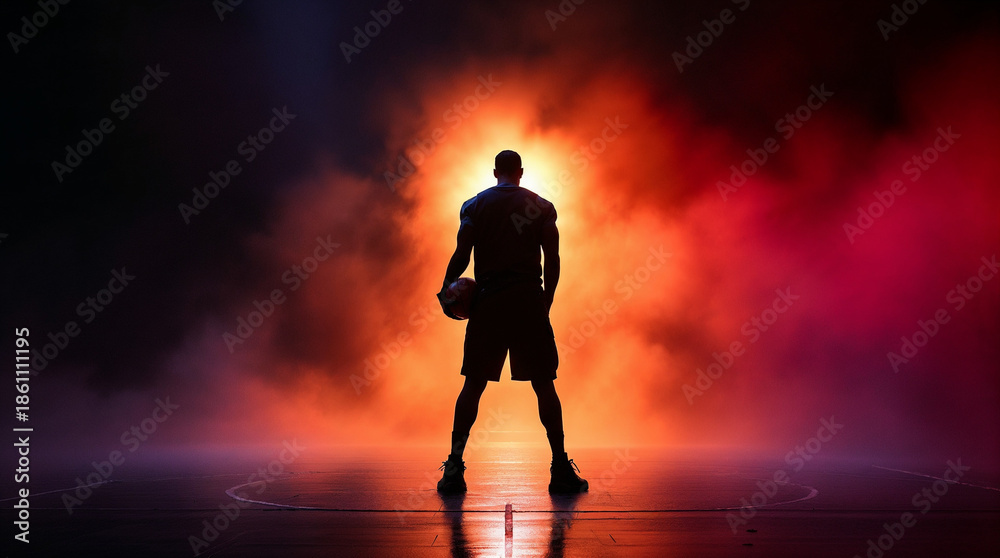 Obraz premium Silhouetted NBA player with dramatic red and blue lights on a dark court.