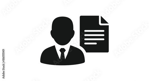A simple graphic depicts a suited person alongside a document creating a professional silhouette