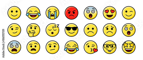 Collection of diverse yellow emoji icons expressing various human emotions and reactions.