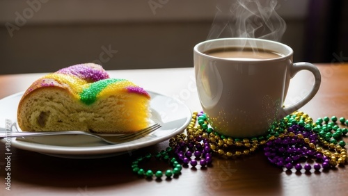 Slice of king cake with steaming coffee cup and mardi gras beads on a wooden table