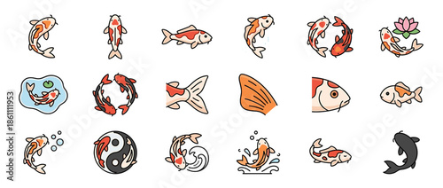 A collection of various cartoon koi fish illustrations, in different poses and arrangements.
