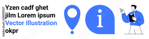 Information sharing, navigation, education, data services, presentation, business tools. Blue map pin and info symbol alongside a man holding a clipboard. Information sharing and navigation concept