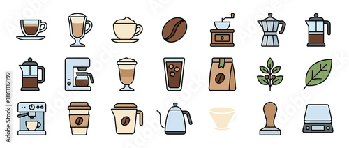 Illustration of coffee preparation equipment, drinks, and coffee beans.