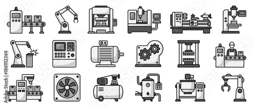 A collection of various industrial machines and robotic arms, depicted in grayscale illustrations.