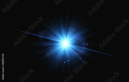 A bright blue flash of light with rays and highlights. Abstract lens effect on a transparent background. Magical glow, energy, laser beam, starburst.