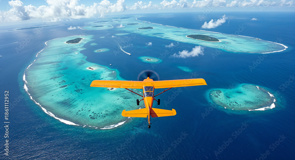 Obraz premium Top-down aerial of an orange bush plane flying over tropical lagoons