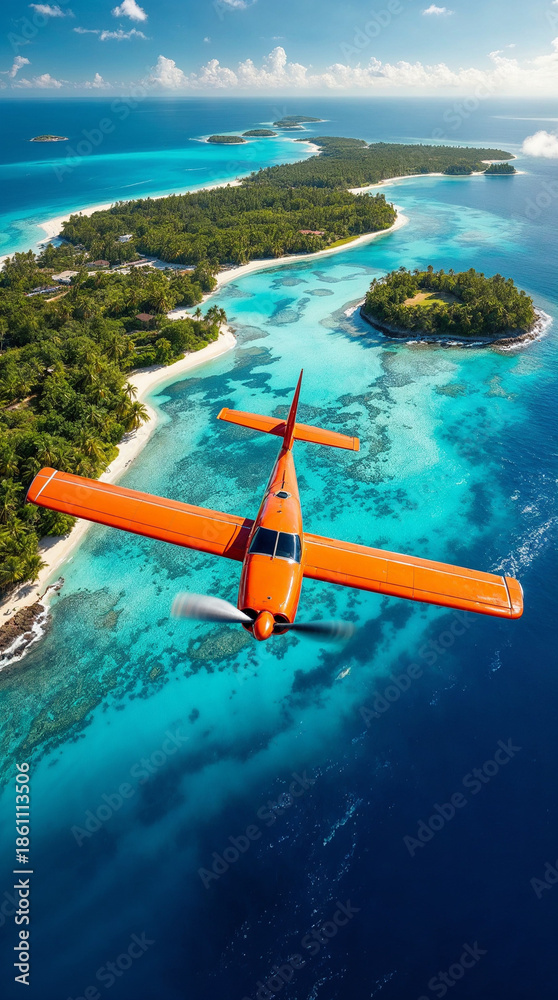 Naklejka premium Top-down aerial of an orange bush plane flying over tropical lagoons
