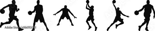 vBasketball player silhouette set, action poses, dribbling, dunking, shooting, defense, walking, running, sport icon, black vector illustration