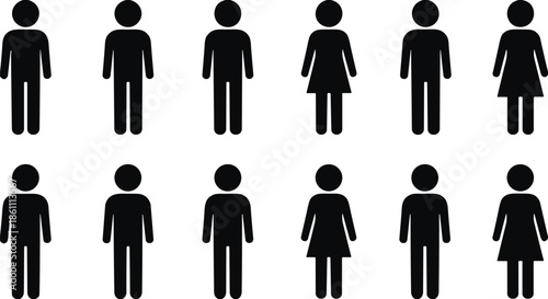 Human figure silhouette icon set, male female symbol, gender diversity, population graphic, black vector illustration, grid layout design
