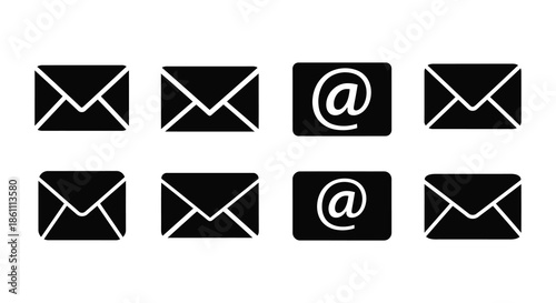 Arrangement of black email and at symbol icons presented in a grid like pattern silhouette