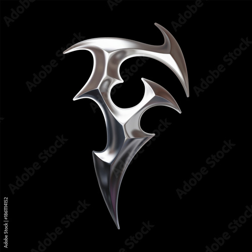 Chrome 3D letter F with aggressive tribal contours and sharp edges