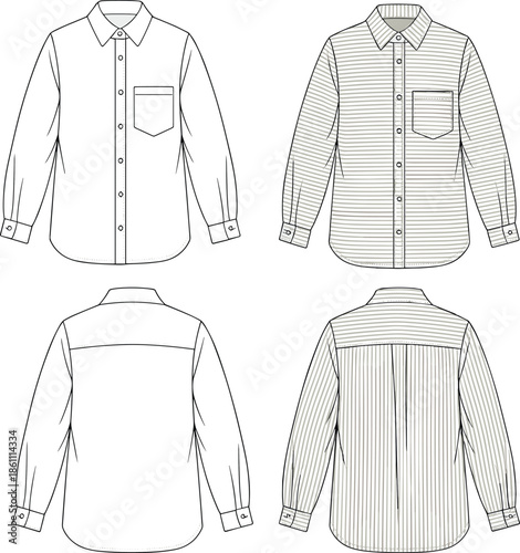 Technical fashion flat sketch of men's button down shirt in solid white and striped patterns with front and back views
