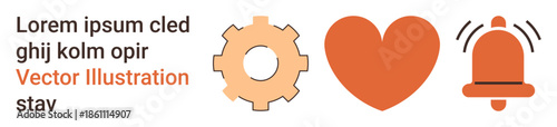 Communication, alert systems, technology, user interface, connectivity, notifications. Gear, heart and bell symbols in flat style. Communication and alert systems concepts