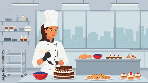 Professional Female Baker Decorating a Chocolate Cake with Blueberries and Frosting in a Commercial Kitchen, Vector Illustration