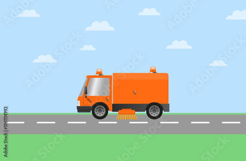 Cartoon illustration of an orange street cleaning vehicle driving on a road under a blue sky with clouds.