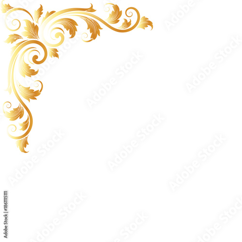Elegant golden ornate corner design featuring intricate floral swirls, vintage flourishes, and a luxurious baroque style. Perfect decorative element for borders and frames.
