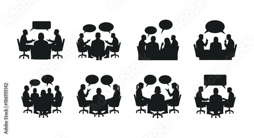 group discussions and presentations with people sitting and standing a black silhouette