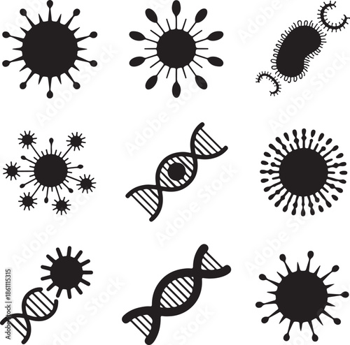 Black and white illustrations of virus and DNA structures