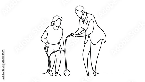 One-line drawing of a woman assisting an elderly woman using a walker, symbolizing support and care..eps