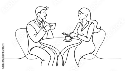 Simple one line illustration of a man and woman conversing, capturing the essence of their communication..eps