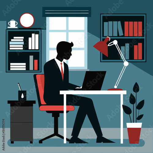  Businessman Working at Office Desk Flat Illustration