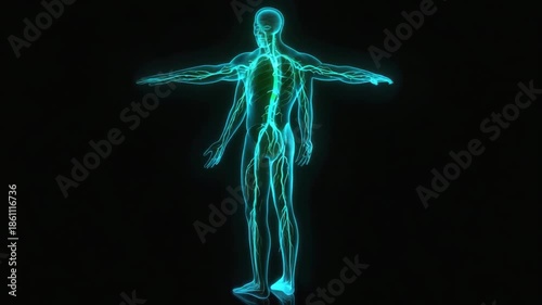Glowing Human Anatomy Illustration with Visible Organs and Skeletal System in Neon Blue Light  4k hd video download