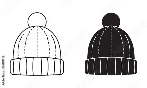 Knitted Wool Pom-Pom Hat Icon in Outline and filled Vector