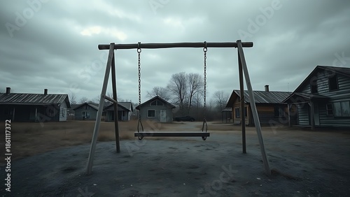 Abandoned Playground Swing Under Overcast Sky