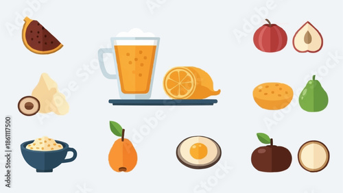 Collection of fresh fruits and drinks in flat design style.