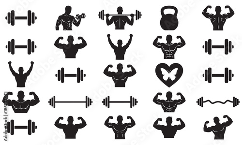Bodybuilder Silhouettes and Gym Icons. Vector Set of Muscle Men Posing and Weightlifting Equipment