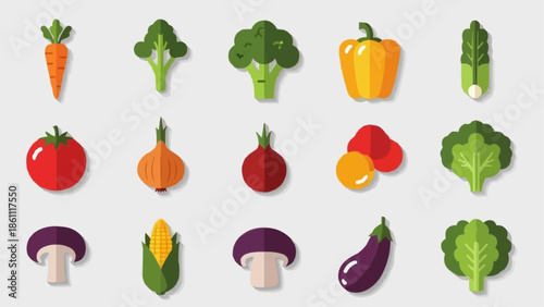 Collection of Fresh Vegetables and Healthy Food Icons.