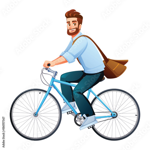 Bearded man with messenger bag riding city bicycle to work or office. Vector cartoon character illustration