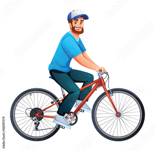Young man wearing cap riding mountain bike for outdoor fitness activity. Vector cartoon character illustration