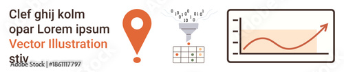 Data analysis, information management, statistics, geolocation, business strategy, data visualization. Funnel filtering data, location pin and graph with upward trend. Data analysis and statistics