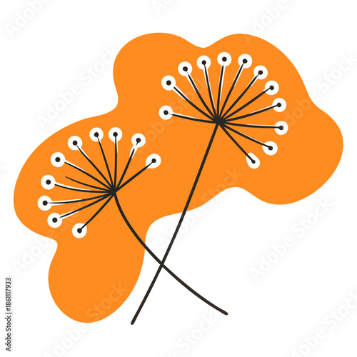 Dandelion puff flowers illustrated on orange background