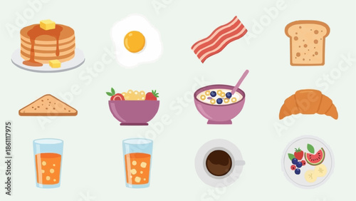 Collection of delicious breakfast food items and drinks.