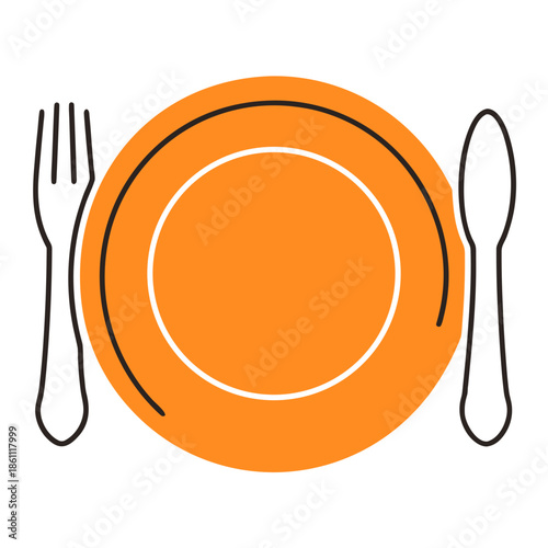 Orange dinner plate with fork and knife in minimalistic style  